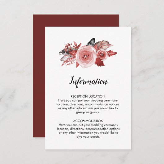 Boho Feather Burgundyバラ結婚の情報 エンクロージャーカード (正面/裏面)