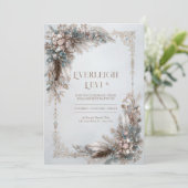 Boho Feather Floral Dusty Blue Gold Frame Wedding 招待状 (スタンド正面)