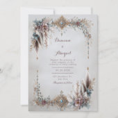 Boho Feather Floral Gold Jewel Frame Wedding 招待状 (正面)