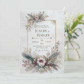 Boho Feather Floral Pink Gold Frame Wedding 招待状 (スタンド正面)