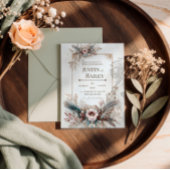 Boho Feather Floral Pink Gold Frame Wedding 招待状