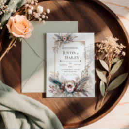 Boho Feather Floral Pink Gold Frame Wedding 招待状