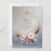 Boho Feather Gold Oval Frame Purple Jewel Wedding 招待状 (正面)