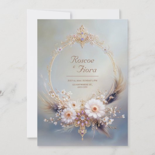 Boho Feather Gold Oval Frame Purple Jewel Wedding 招待状 (正面)