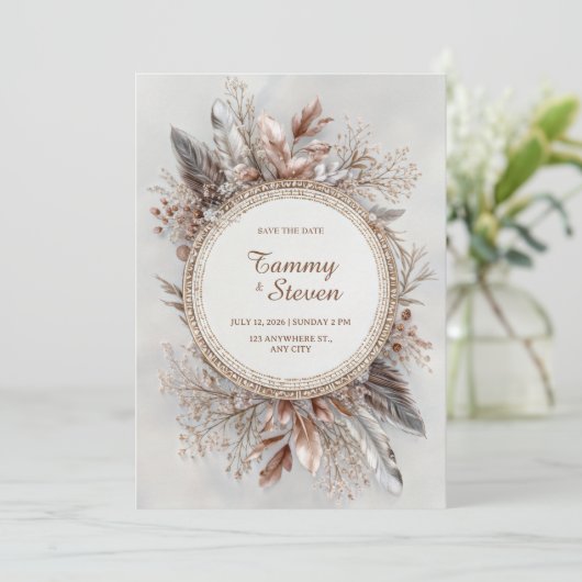 Boho Feather Wreath Earth Tone Gold Frame Wedding 招待状 (スタンド正面)