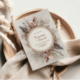 Boho Feather Wreath Earth Tone Gold Frame Wedding 招待状