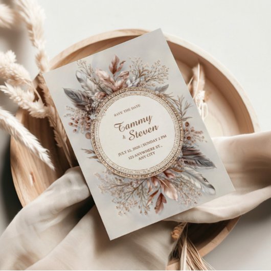 Boho Feather Wreath Earth Tone Gold Frame Wedding 招待状