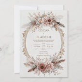 Boho Feather Wreath Pink Floral Gold Wedding 招待状 (正面)