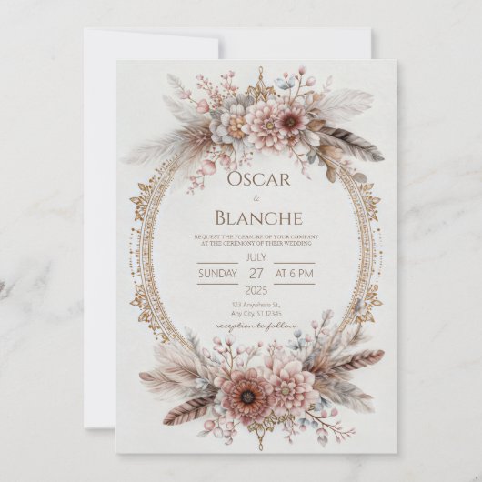 Boho Feather Wreath Pink Floral Gold Wedding 招待状 (正面)