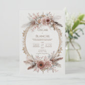 Boho Feather Wreath Pink Floral Gold Wedding 招待状 (スタンド正面)