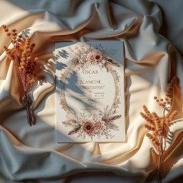 Boho Feather Wreath Pink Floral Gold Wedding 招待状