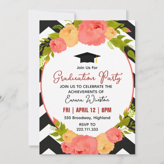 Boho Feathers & Floral Wreath Graduation Party 招待状 (正面)