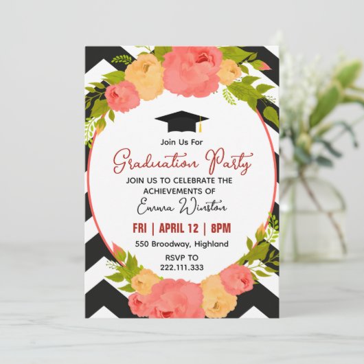 Boho Feathers & Floral Wreath Graduation Party 招待状 (スタンド正面)