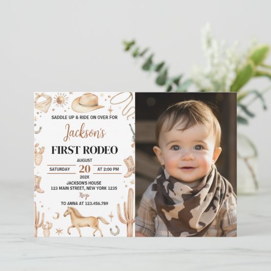 Boho First Rodeo 1th Birthday Photo招待状 招待状 (スタンド正面)