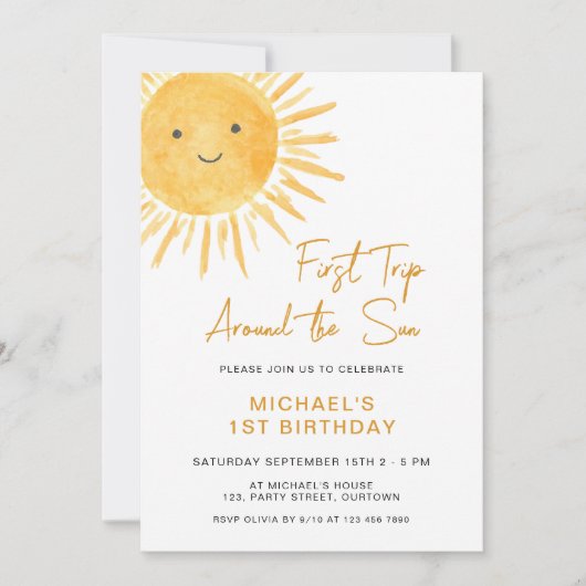 Boho First Trip日のまわりに男の子の1歳の誕生日 招待状 (正面)