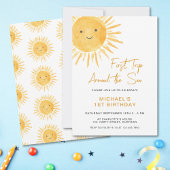 Boho First Trip日のまわりに男の子の1歳の誕生日 招待状