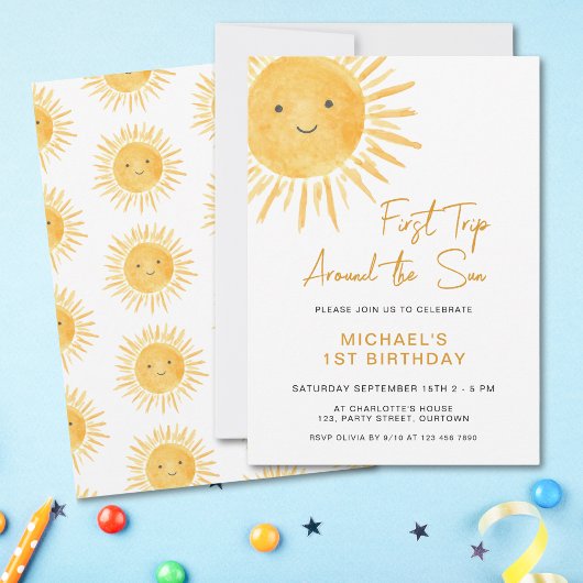 Boho First Trip日のまわりに男の子の1歳の誕生日 招待状