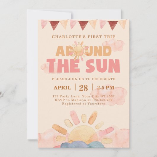 Boho First Trip日のまわりに1回目の誕生日パーティー 招待状 (正面)