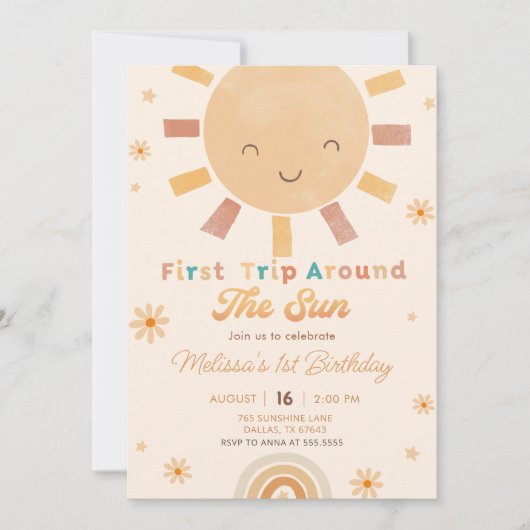 Boho First Trip日のまわりに1回目の誕生日パーティー 招待状 (正面)