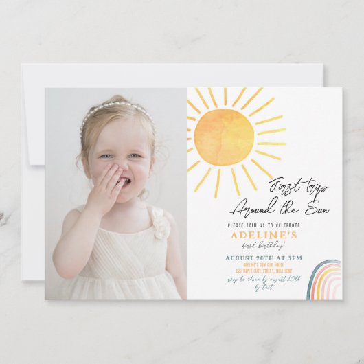 Boho First Trip日のまわりに1歳の誕生日の写真 招待状 (正面)