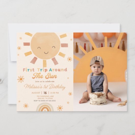 Boho First Trip日のまわりに1歳の誕生日の写真 招待状 (正面)