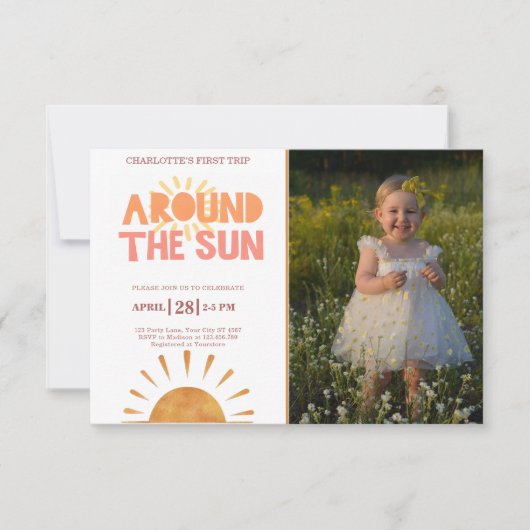 Boho First Trip日のまわりに1歳の誕生日の写真 招待状 (正面)