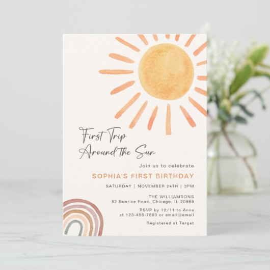 Boho First Trip日のまわりに1歳の誕生日 招待状 (スタンド正面)