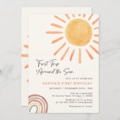 Boho First Trip日のまわりに1歳の誕生日 招待状 (正面/裏面)