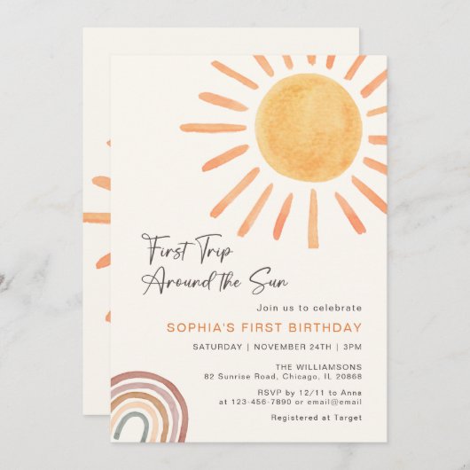 Boho First Trip日のまわりに1歳の誕生日 招待状 (正面/裏面)