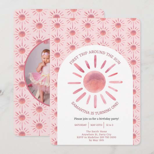 Boho First Trip日のまわりに1歳の誕生日 招待状 (正面/裏面)