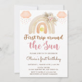 Boho First Trip日のまわりに1歳の誕生日 招待状 (正面)