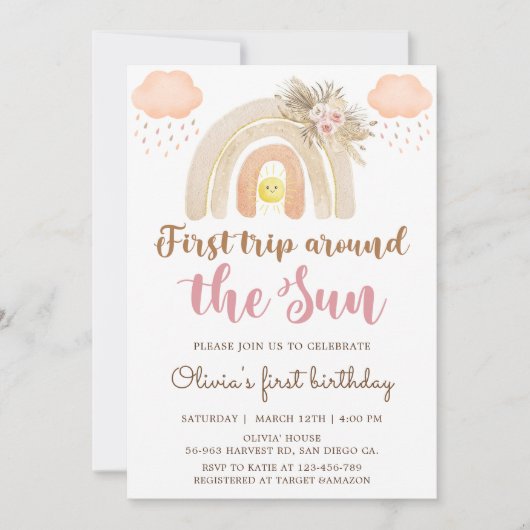 Boho First Trip日のまわりに1歳の誕生日 招待状 (正面)