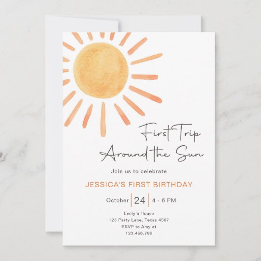 Boho First Trip日のまわりに1歳の誕生日 招待状 (正面)
