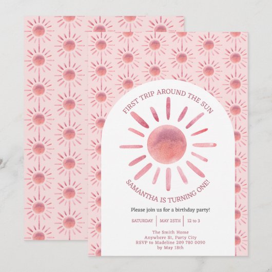 Boho First Trip日のまわりに1歳の誕生日 招待状 (正面/裏面)