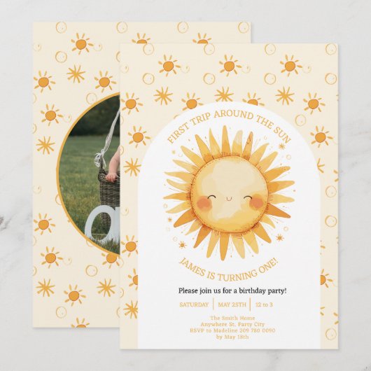 Boho First Trip日のまわりに1歳の誕生日 招待状 (正面/裏面)