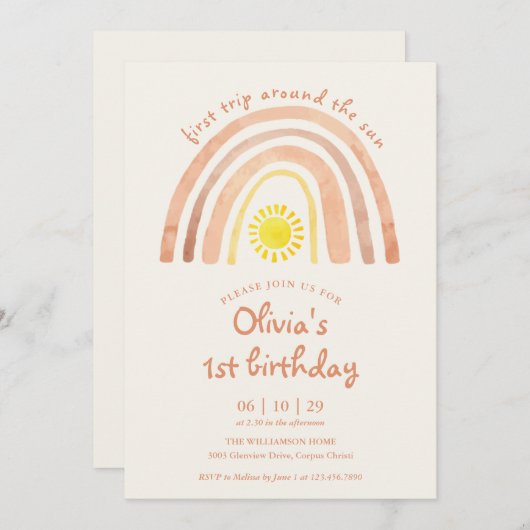 Boho First Trip Around Sun Rainbow 1st Birthday 招待状 (正面/裏面)