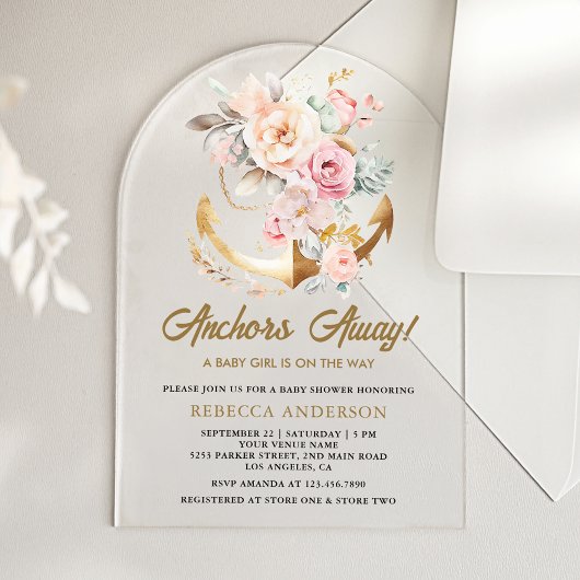 Boho Floral Anchor Nautical Girl Arch Baby Shower アクリル招待状
