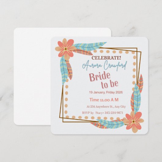Boho Floral and Feather Square Bridal Shower Invit 招待状 (正面/裏面)