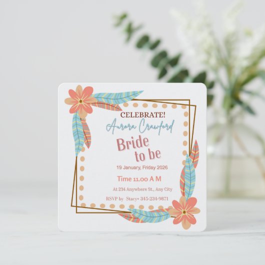 Boho Floral and Feather Square Bridal Shower Invit 招待状 (スタンド正面)