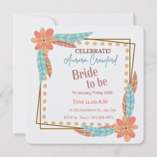 Boho Floral and Feather Square Bridal Shower Invit 招待状