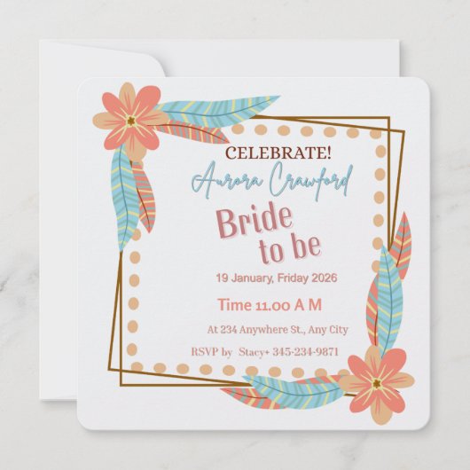 Boho Floral and Feather Square Bridal Shower Invit 招待状 (正面)