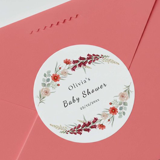 Boho floral Baby Shower red wildflower watercolor  ラウンドシール