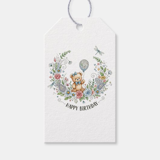 Boho floral birthday bear ギフトタグ (正面)