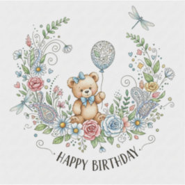 Boho floral birthday bear シール