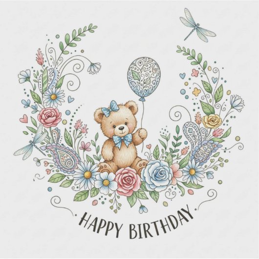 Boho floral birthday bear シール (正面)