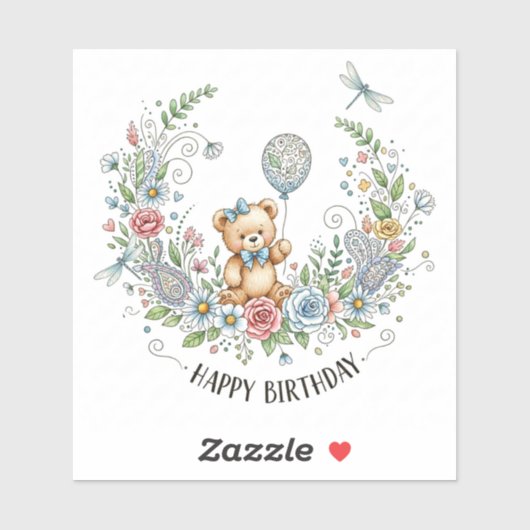 Boho floral birthday bear シール (シート)