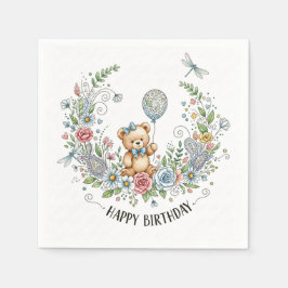 Boho floral birthday bear スタンダードカクテルナプキン