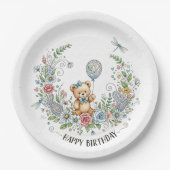 Boho floral birthday bear ペーパープレート (正面)