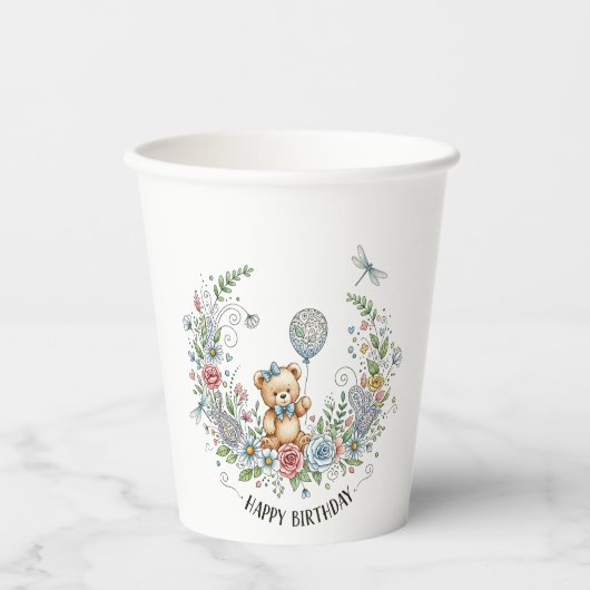 Boho floral birthday bear 紙コップ (正面)