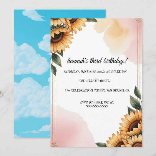 Boho Floral Birthday Party Invitation | Custom Sun 招待状 (正面/裏面)